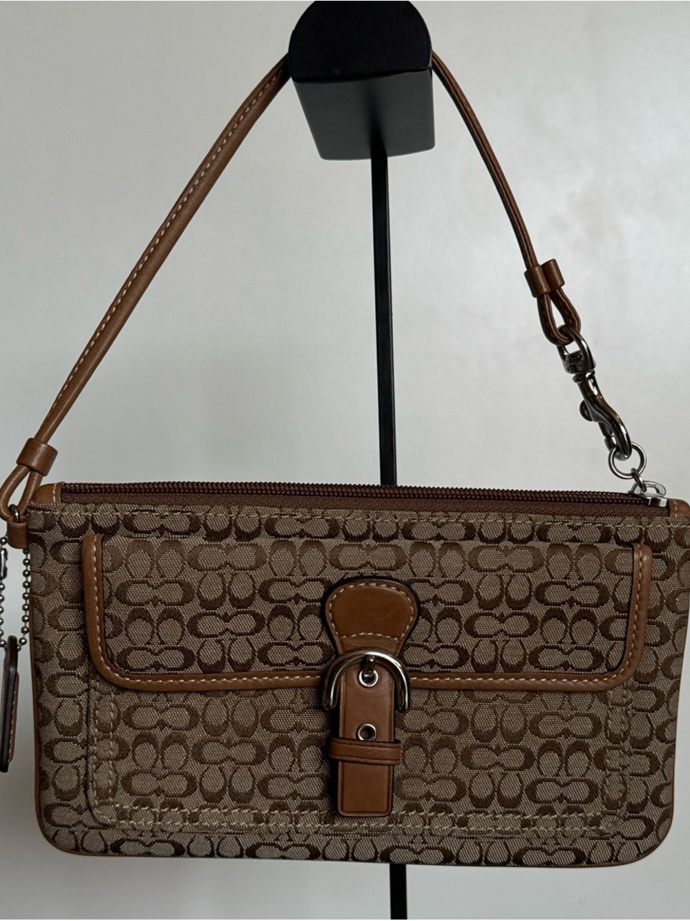 Coach Brown Signature Canvas Clutch with Tan Leather Trim